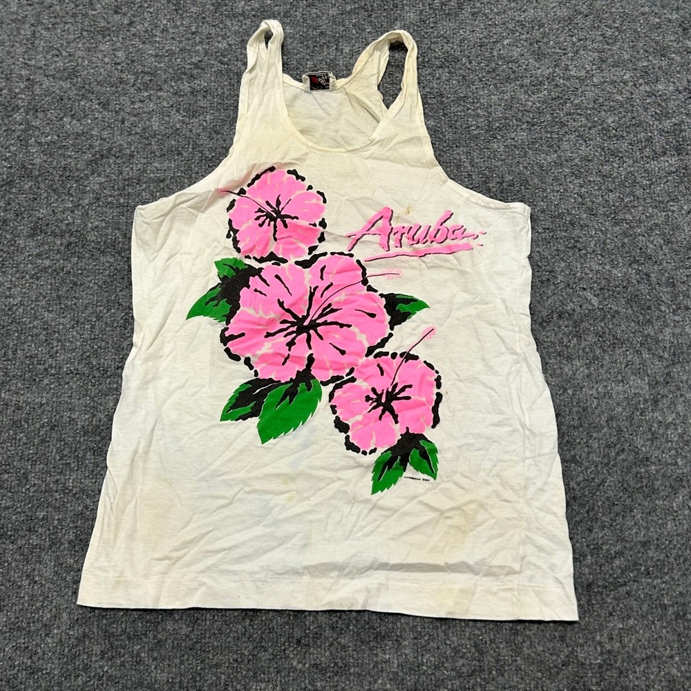 Swan Brand Tank Top Womens Size 36 White Cotton Aruba Hibiscus Floral Vintage